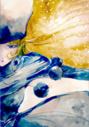 Rule 34 | 1girl, blonde hair, blue eyes, coat, fur hat, ginga tetsudou 999, hat, looking at viewer, maetel, pom pom (clothes), solo