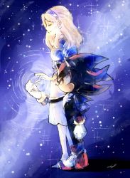 Rule 34 | 1boy, 1girl, aimf, blonde hair, closed eyes, furry, furry male, gloves, hairband, height difference, maria robotnik, shadow the hedgehog, shoes, skirt, sneakers, sonic (series), star (sky), star (symbol)
