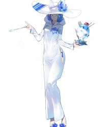 Rule 34 | 1girl, bare shoulders, blue eyes, blue flower, blue hair, bowl, breasts, female focus, fire emblem, fire emblem heroes, flower, food, full body, hair ornament, hat, hat flower, highres, holding, holding bowl, holding spoon, nifl (fire emblem), nintendo, non-web source, official art, shaved ice, short hair, side slit, solo, spoon, standing, sun hat, swimsuit, transparent background, yasuda suzuhito