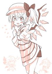 Rule 34 | 3girls, :d, ahoge, alternate costume, asymmetrical hair, bat wings, blush, bow, casual, chibi, clenched hand, constricted pupils, contemporary, cross, fang, flandre scarlet, flat cap, flying sweatdrops, foreshortening, hair between eyes, hair bow, hat, highres, izayoi sakuya, looking at viewer, looking to the side, monochrome, morino hon, multiple girls, open mouth, outstretched arm, remilia scarlet, shirt, shorts, side ponytail, simple background, smile, striped clothes, striped shirt, touhou, v, v-shaped eyebrows, wings