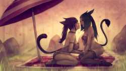 Rule 34 | 10s, 2girls, animal ears, ass, warrior of light (ff14), bottomless, breasts, brown eyes, brown hair, cat ears, cat girl, cat tail, cherry blossoms, covered erect nipples, facial mark, feet, female focus, final fantasy, final fantasy xiv, forest, freckles, green eyes, green hair, highres, imminent kiss, jewelry, large breasts, lingerie, long hair, medium breasts, miqo&#039;te, multiple girls, nature, necklace, nipples, outdoors, panties, petals, plant, pussy juice, see-through, sitting, soranamae, tail, thighhighs, umbrella, underwear, wariza, yuri