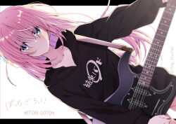Rule 34 | 1girl, absurdres, black shirt, blue eyes, bocchi the rock!, cube hair ornament, electric guitar, gotoh hitori, guitar, hair ornament, highres, holding, holding instrument, instrument, long hair, looking at viewer, one side up, pink hair, shigure (sigre), shirt, simple background, solo