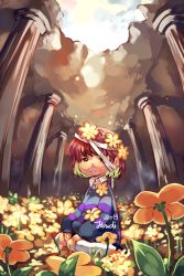 Rule 34 | 10s, 2015, androgynous, artist name, bandages, brown eyes, brown hair, collared shirt, expressionless, field, flower, flower field, flower on head, frisk (undertale), gender request, houdi, kneehighs, looking at viewer, parted lips, pillar, ruins, seiza, shirt, sitting, socks, solo, striped clothes, striped sweater, sweater, teeth, undertale, wariza, white socks