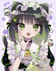 Rule 34 | 1girl, ad, animal ears, apron, bell, black hair, blush, bow, breasts, cat, cat ears, cat girl, cat hair ornament, cat tail, chibi, choker, cleavage, cleavage cutout, clothing cutout, collared dress, colored inner hair, dress, earrings, extra ears, flyer, frilled apron, frills, green eyes, green hair, hair bow, hair ornament, highres, holding, holding paper, jewelry, looking at viewer, maid, maid headdress, medium hair, multicolored hair, multiple rings, nagihoko, neck bell, open mouth, original, paper, ribbon choker, ring, short sleeves, shoshinsha mark, small breasts, solo, star (symbol), star hair ornament, tail, two-tone hair, underbust, wrist cuffs