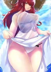Rule 34 | 1girl, bare shoulders, blue eyes, blush, breasts, covered erect nipples, covered navel, curvy, grin, large breasts, long hair, looking at viewer, nipples, original, panties, raycat, red hair, see-through, smile, solo, standing, thick thighs, thighs, underwear, wide hips