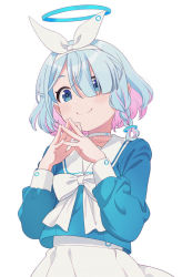 Rule 34 | 1girl, arona (blue archive), blue archive, blue eyes, blue hair, blue shirt, blush, bow, braid, closed mouth, eyebrows hidden by hair, hair over one eye, hair ribbon, halo, long sleeves, mattaku mousuke, multicolored hair, pink hair, pleated skirt, puffy long sleeves, puffy sleeves, ribbon, sailor collar, shirt, simple background, single braid, skirt, smile, solo, steepled fingers, twitter username, two-tone hair, white background, white bow, white ribbon, white sailor collar, white skirt