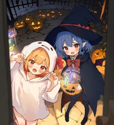 Rule 34 | 2girls, :d, ai-assisted, alternate costume, b74, bare legs, bat wings, black cape, blonde hair, blue hair, blush, bow, bowtie, cape, child, claw pose, cloak, commentary, crystal, english commentary, fang, fence, flandre scarlet, food, ghost costume, halloween, halloween costume, hat, highres, holding, holding food, holding pumpkin, holding vegetable, hood, hoodie, jack-o&#039;-lantern, kneeling, lantern, long sleeves, looking at viewer, multiple girls, naked hoodie, open mouth, pointy ears, pov, pumpkin, red bow, red bowtie, red eyes, remilia scarlet, short hair, siblings, sisters, skin fang, smile, touhou, trick or treat, v-shaped eyebrows, vegetable, wide sleeves, wings, witch hat