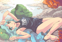 Rule 34 | 1girl, :p, bag, barefoot, blue eyes, blue hair, feet, female focus, hat, kawashiro nitori, lying, matching hair/eyes, md5 mismatch, on back, one-piece swimsuit, resolution mismatch, river, school swimsuit, short hair, solo, source larger, swimsuit, tongue, tongue out, touhou, two side up, yuu (kfc)