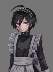 Rule 34 | 1boy, ahoge, alternate costume, apron, black dress, black hair, brown eyes, buttons, closed mouth, crossdressing, dress, enmaided, grey apron, grey background, highres, kinhana (sisikababu), long sleeves, looking at viewer, maid, maid headdress, short hair, simple background, solo, sweatdrop, upper body