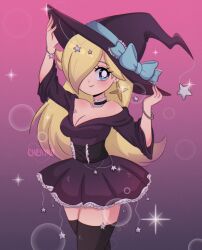 Rule 34 | 1990s (style), 1girl, absurdres, adapted costume, black dress, black hat, black thighhighs, blonde hair, blue bow, blue eyes, blue nails, blush, bow, bracelet, breasts, bubble background, chellyko, choker, cleavage, collarbone, dress, hair ornament, hair over one eye, hat, highres, holding, jewelry, long hair, long sleeves, looking at viewer, mario (series), mario kart, mario kart tour, medium breasts, nintendo, off shoulder, pink background, retro artstyle, rosalina, rosalina (halloween), smile, sparkle, standing, star (symbol), star hair ornament, thighhighs, wand, witch, witch hat