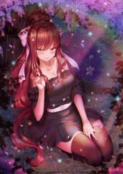 Rule 34 | 1girl, black dress, black thighhighs, brown hair, chie00chan, doki doki literature club, dress, green eyes, long hair, looking at viewer, md5 mismatch, monika (doki doki literature club), ponytail, resolution mismatch, ribbon, solo, source larger, thighhighs, thighs, white ribbon