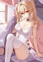 Rule 34 | 1girl, absurdres, anchorage (azur lane), arm support, azur lane, bare arms, bare shoulders, black bow, black bowtie, black panties, blonde hair, bow, bowtie, breasts, choker, dress, hair between eyes, hair intakes, highres, indoors, large breasts, light smile, long hair, looking at viewer, panties, parted lips, petals, red eyes, sitting, solo, spaghetti strap, strap slip, thigh strap, thighhighs, twintails, underwear, unique (pixiv12704744), white choker, white dress, white thighhighs, window