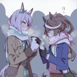 Rule 34 | 2girls, animal ears, bag, black gloves, blue eyes, blue jacket, blush, bow, breath, brown coat, brown hair, coat, cold, commentary request, crowd, cup, disposable cup, drawstring, dress, ear ribbon, enpera, gloves, green dress, green ribbon, hair ribbon, handbag, highres, holding, holding cup, hood, hood down, hoodie, horse ears, horse girl, horse tail, jacket, long hair, long sleeves, mejiro mcqueen (umamusume), mittens, multicolored hair, multiple girls, open clothes, open coat, open jacket, parted lips, pink eyes, pink hair, pink ribbon, plaid, plaid dress, ponytail, ree (re-19), ribbon, scarf, shoulder bag, streaked hair, tail, tokai teio (umamusume), umamusume, upper body, white hair, white hoodie