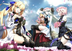Rule 34 | 4girls, ahoge, armor, armored dress, artoria caster (fate), artoria caster (third ascension) (fate), artoria pendragon (fate), baggy pants, bare shoulders, black bow, black dress, black footwear, black gloves, black thighhighs, blonde hair, blue bow, blue eyes, blue sky, blush, boots, bow, braid, breasts, button eyes, buttons, center opening, cleavage, cleavage cutout, closed eyes, clothing cutout, dress, elbow gloves, fate/grand order, fate (series), field, flower, flower field, flower wreath, foo (pixiv54892036), french braid, gloves, green eyes, grey hair, habetrot (fate), hair bow, hat, head wreath, highres, hood, hooded jacket, jacket, kneeling, large breasts, light purple hair, long hair, long sleeves, looking at viewer, mash kyrielight, medium breasts, morgan le fay (fate), multiple girls, open mouth, pants, pelvic curtain, pink hair, pink headwear, pink jacket, pointy ears, ponytail, purple gloves, red eyes, seiza, short hair, sidelocks, sitting, sky, small breasts, smile, sword, thigh boots, thigh strap, thighhighs, thighs, twintails, two-tone dress, very long hair, weapon, white dress, white pants, wide sleeves