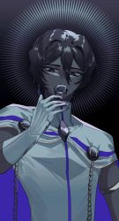 Rule 34 | 1boy, arjuna (fate), bishounen, black blood, black hair, blood, cape, chain, colored blood, commentary request, conmu, dark-skinned male, dark skin, earrings, expressionless, fate/extella, fate/extella link, fate/extra, fate/grand order, fate (series), gloves, gradient background, hair between eyes, highres, indian clothes, jewelry, korean commentary, looking at viewer, male focus, open mouth, short hair, solo, teeth, upper body, white cape, white gloves
