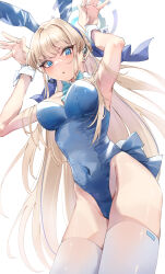 Rule 34 | 1girl, :o, animal ears, blonde hair, blue archive, blue eyes, blue hair, blue leotard, blush, breasts, cleavage, covered navel, fake animal ears, hands up, headset, hesoten, highres, leotard, long hair, looking at viewer, medium breasts, multicolored hair, official alternate costume, playboy bunny, rabbit ears, simple background, solo, thighhighs, toki (blue archive), toki (bunny) (blue archive), two-tone hair, very long hair, white background, white thighhighs