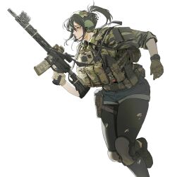 Rule 34 | assault rifle, black hair, bulletproof vest, camouflage, camouflage jacket, commentary, denim, denim shorts, ear protection, gloves, green gloves, grey eyes, gun, headphones, headset, highres, holding, holding gun, holding weapon, jacket, knee pads, leggings, leggings under shorts, m4 carbine, magazine (weapon), maxturbo69, optical sight, original, ponytail, pouch, rifle, running, shoes, short hair, short shorts, shorts, sneakers, strap, tactical clothes, thigh pouch, thigh strap, torn clothes, torn leggings, trigger discipline, walkie-talkie, watch, weapon, white background, wristwatch