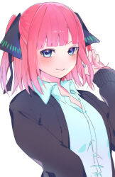 Rule 34 | 1girl, absurdres, black cardigan, blue eyes, blue shirt, blush, butterfly hair ornament, cardigan, closed mouth, collared shirt, go-toubun no hanayome, hair ornament, highres, looking at viewer, medium hair, nakano nino, open cardigan, open clothes, pink hair, playing with hair, shirt, simple background, solo, valentine (02140314c), white background