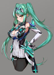 Rule 34 | 1girl, alternate color, alternate hairstyle, bare shoulders, breasts, chest jewel, cleavage, cleavage cutout, clothing cutout, cosplay, dress, earrings, elbow gloves, gloves, green hair, highres, jewelry, large breasts, long hair, mythra (massive melee) (xenoblade), mythra (xenoblade), nakazou2000, pneuma (xenoblade), pneuma (xenoblade 2) (cosplay), thighhighs, xenoblade chronicles (series), xenoblade chronicles 2