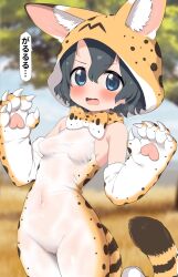 Rule 34 | animal ears, black hair, blue eyes, bodysuit, breasts, commentary, cosplay, covered navel, detached sleeves, highres, kaban (kemono friends), kemono friends, open mouth, outdoors, paw pose, ransusan, savannah, serval (kemono friends), serval (kemono friends) (cosplay), serval print, short hair, small breasts, translated, wavy hair, white bodysuit