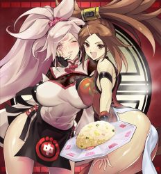 Rule 34 | 2girls, armband, ass, baiken, bare shoulders, black gloves, breast press, breasts, brown eyes, brown hair, china dress, chinese clothes, commentary request, covered navel, dress, fingerless gloves, food, fried rice, gloves, guilty gear, highres, huge breasts, jako (toyprn), kuradoberi jam, large breasts, leaning forward, long hair, multiple girls, parted lips, pink eyes, pink hair, scar, scar across eye, scar on face, smile, thick thighs, thighs, very long hair