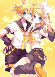 Rule 34 | 1boy, 1girl, arm tattoo, belt, black sailor collar, black shorts, blonde hair, blue eyes, crop top, detached pants, detached sleeves, grin, hair ornament, hairclip, hand on another&#039;s hip, hand on another&#039;s shoulder, hand on own hip, headset, highres, kagamine len, kagamine rin, kaho 0102, looking at viewer, neckerchief, necktie, number tattoo, open mouth, sailor collar, shirt, short hair, short sleeves, shorts, sleeveless, smile, standing, standing on one leg, tattoo, vocaloid, white shirt, yellow background, yellow footwear, yellow nails, yellow neckerchief, yellow necktie