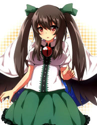 Rule 34 | 1girl, alternate hairstyle, bird wings, black wings, blush, breasts, brown hair, cape, hair ribbon, highres, large breasts, long hair, looking at viewer, moe m, open mouth, puffy sleeves, red eyes, reiuji utsuho, ribbon, shirt, short sleeves, skirt, solo, thighhighs, touhou, twintails, wings