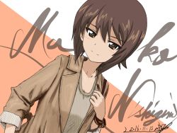 Rule 34 | 10s, 1girl, 2016, alternate costume, artist name, bag, brown jacket, brown shirt, bukkuri, carrying, casual, character name, closed mouth, dated, dutch angle, girls und panzer, handbag, jacket, light smile, long sleeves, looking at viewer, nishizumi maho, shirt, short hair, signature, solo, upper body, watch, wristwatch