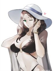 Rule 34 | 1girl, absurdres, alternate costume, bikini, breasts, brown hair, cleavage, commentary, dorothea arnault, earrings, fire emblem, fire emblem: three houses, green eyes, hat, heart, highres, jewelry, large breasts, long hair, nintendo, o-ring, o-ring bikini, one eye closed, shawl, simple background, solo, swimsuit, tommy (kingdukeee), twitter username, upper body, watermark, white background