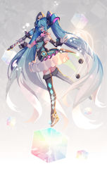 Rule 34 | absurdres, aqua hair, asymmetrical legwear, bare shoulders, collar, commentary, cube, detached sleeves, diamond (shape), closed eyes, facial tattoo, frilled collar, frilled skirt, frills, from side, full body, gloves, hair ornament, hat, hatsune miku, highres, holding, holding wand, kazenemuri, long hair, magical mirai (vocaloid), magical mirai miku, magical mirai miku (2019), microphone, mini hat, mini top hat, mismatched legwear, open mouth, pinky out, rainbow, shirt, skirt, sleeveless, sleeveless shirt, star (symbol), tattoo, thighhighs, top hat, twintails, very long hair, vocaloid, w, wand, white gloves, wristband