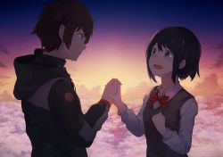 Rule 34 | 10s, 1boy, 1girl, black eyes, black hair, blue eyes, bow, bowtie, brown hair, clenched hand, cloud, crying, crying with eyes open, hetero, holding hands, hood, hooded jacket, interlocked fingers, jacket, kimi no na wa., long sleeves, looking at another, makihitsuji, miyamizu mitsuha, night, night sky, open mouth, red bow, red bowtie, school uniform, short hair, sky, star (sky), tachibana taki, tears, upper body, vest, wing collar