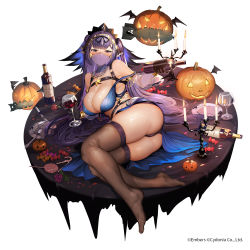 Rule 34 | 1girl, ash arms, ass, b-24 liberator (ash arms), bare shoulders, bat (animal), black gloves, blue skirt, blush, breasts, cleavage, crown, detached sleeves, gloves, hair ribbon, headwear request, highres, jack-o&#039;-lantern, jewelry, koruse, long hair, looking at viewer, mask, mouth veil, necklace, official art, purple eyes, purple hair, ribbon, sitting, skirt, solo, strap, thighs, veil