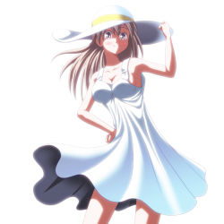 Rule 34 | 1girl, alternate costume, bare shoulders, blonde hair, blue eyes, breasts, cleavage, dress, eila ilmatar juutilainen, hand on own hip, hat, hip focus, hiro yoshinaka, legs, long hair, medium breasts, sideboob, simple background, smile, solo, strike witches, sun hat, sundress, white dress, world witches series