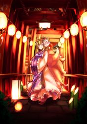 Rule 34 | 1girl, animal ears, architecture, blonde hair, blurry, blush, closed mouth, depth of field, dress, east asian architecture, fox ears, fox mask, fox tail, frilled sleeves, frills, full body, furorina, hands in opposite sleeves, highres, kitsune, kyuubi, lampion, long sleeves, looking at viewer, mask, mask on head, multiple tails, no headwear, orange eyes, short hair, smile, solo, tabard, tail, torii, touhou, white dress, wide sleeves, yakumo ran