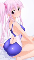 Rule 34 | 1girl, absurdres, ass, blue one-piece swimsuit, commentary request, competition swimsuit, feet out of frame, highres, long hair, looking at viewer, one-piece swimsuit, original, pink hair, purple eyes, sitting, solo, sugimura tomokazu, swimsuit, twintails, wariza
