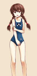 Rule 34 | 1girl, alternate costume, blush, braid, brown eyes, brown hair, collarbone, embarrassed, flat chest, hair bobbles, hair ornament, highres, madotsuki, one-piece swimsuit, open mouth, pas (paxiti), school swimsuit, simple background, solo, swimsuit, tan background, thigh gap, twin braids, yume nikki
