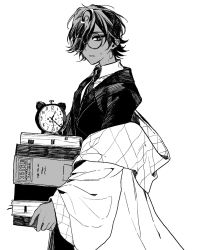 Rule 34 | 1boy, alarm clock, book, book stack, clock, coat, collared shirt, cookie run, cowboy shot, dark-skinned male, dark skin, espresso cookie, from side, glasses, greyscale, hair over one eye, highres, holding, holding book, humanization, jacket, looking at viewer, looking to the side, male focus, monochrome, multicolored hair, necktie, off shoulder, parted lips, plaid, plaid coat, round eyewear, shirt, short hair, simple background, solo, streaked hair, suit jacket, sweatdrop, tuko, white background