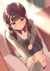 Rule 34 | 1girl, absurdres, backlighting, blazer, blunt bangs, blurry, blush, bow, bowtie, brown eyes, brown hair, chair, classroom, clothes grab, depth of field, desk, foreshortening, from above, grey blazer, hair over shoulder, hand up, highres, indoors, jacket, long hair, looking at viewer, mitora nao, on chair, original, pleated skirt, pov, red bow, red bowtie, school chair, school desk, school uniform, shoes, sitting, skirt, sleeve grab, solo, solo focus, sunlight, twintails, uwabaki
