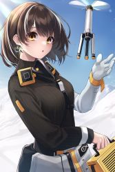 Rule 34 | 1girl, :o, absurdres, arknights, between breasts, blue sky, breasts, brown hair, brown sweater, clothes around waist, commentary, commission, cowboy shot, drone, earrings, elite ii (arknights), gloves, highres, holding, jacket, jacket around waist, jewelry, long sleeves, looking at viewer, magallan (arknights), magallan (elite ii) (arknights), mask, mask around neck, medium hair, multicolored hair, nameko houshi, open mouth, orange eyes, outdoors, rhine lab logo, single glove, skeb commission, sky, snow, solo, strap between breasts, streaked hair, sweater, two-tone hair, white gloves, white hair