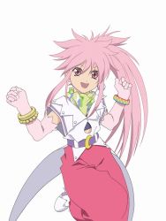 Rule 34 | 1girl, arche klein, bracelet, earrings, elbow gloves, gloves, jewelry, long hair, official art, pants, pink eyes, pink hair, pink pants, ponytail, single earring, smile, solo, tales of (series), tales of phantasia, white background, wide ponytail