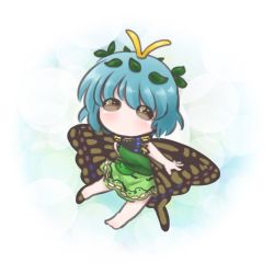 Rule 34 | 1girl, antennae, aqua hair, barefoot, blush, brown eyes, butterfly wings, chibi, dress, eternity larva, fairy, full body, green dress, hair between eyes, insect wings, leaf, leaf on head, multicolored clothes, multicolored dress, no mouth, one-hour drawing challenge, sacchan happy, short hair, single strap, solo, touhou, wings