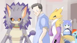 Rule 34 | 1boy, 4girls, animal ear fluff, black hair, black sclera, blue eyes, blue hair, blue shirt, blurry, blurry foreground, breasts, brown eyes, cat girl, cat tail, circlet, cleavage, closed mouth, colored sclera, commentary request, crossover, detached sleeves, digimon, digimon (creature), distracted boyfriend (meme), facial mark, fox girl, fox tail, frown, furry, furry female, green eyes, highres, isabella (seiken densetsu 3), jewelry, krystal, lets0020, looking at another, looking back, looking to the side, medium breasts, medium hair, meme, multicolored hair, multiple crossover, multiple girls, my little pony, neck fur, necklace, nintendo, o o, open mouth, orange eyes, purple hair, purple sleeves, rainbow dash, rainbow hair, renamon, seiken densetsu, seiken densetsu 3, shirt, short hair, short sleeves, slit pupils, smile, star fox, tail, unamused, upper body, yin yang, yin yang print