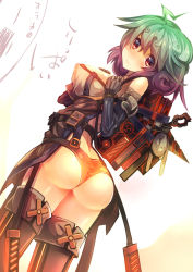 Rule 34 | 1girl, ahoge, ass, belt, boots, breasts, elbow gloves, covered erect nipples, gloves, green hair, highres, mamuru, original, red eyes, short hair, solo, thigh boots, thighhighs