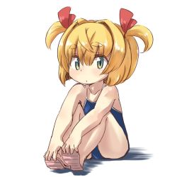 Rule 34 | blonde hair, croixsan, expressionless, green eyes, hands on feet, one-piece swimsuit, sandals, short hair, simple background, sitting, swimsuit, two side up, white background