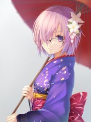 Rule 34 | 1girl, bad id, bad pixiv id, bespectacled, fate/grand order, fate (series), flower, glasses, hair flower, hair ornament, hair over one eye, highres, japanese clothes, kimono, mash kyrielight, mash kyrielight (grand new year), official alternate costume, oil-paper umbrella, purple eyes, purple hair, short hair, solo, umbrella, wakame mi