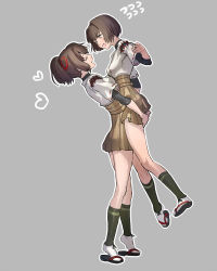Rule 34 | 10s, 2girls, bad id, bad pixiv id, brown hair, carrying, detached sleeves, closed eyes, heart, hyuuga (kancolle), ise (kancolle), japanese clothes, kantai collection, kawaguchi (mojacome), mojacome, multiple girls, open mouth, personification, ponytail, short hair, skirt, sweatdrop, wide sleeves, yellow eyes