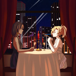 Rule 34 | 4girls, bad id, bad pixiv id, bare shoulders, black dress, black hair, blonde hair, building, candelabra, candle, candlestand, chair, champagne flute, city, closed eyes, couple, cup, curtains, dark-skinned female, dark skin, dress, drinking glass, facial tattoo, facing another, from side, hair tubes, hands up, high ponytail, indoors, interracial, looking at another, mercy (overwatch), multiple girls, night, nyasa, overwatch, overwatch 1, own hands clasped, own hands together, pharah (overwatch), ponytail, profile, short hair, sitting, skyscraper, sleeveless, sleeveless dress, smile, table, tablecloth, tattoo, tracer (overwatch), white dress, widowmaker (overwatch), window, wine glass, yuri