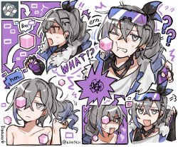 Rule 34 | !, !!, 1girl, ?, anger vein, clenched teeth, closed mouth, cube, drill hair, drill ponytail, emne, english text, fang, fingerless gloves, fur-trimmed jacket, fur trim, gloves, goggles, goggles on head, grey eyes, grey hair, hair between eyes, highres, honkai: star rail, honkai (series), jacket, long hair, one eye closed, open mouth, puff of air, silver wolf (honkai: star rail), speech bubble, teeth