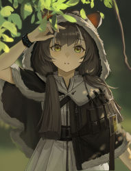 Rule 34 | 1girl, absurdres, animal ears, arknights, arm up, black capelet, black hair, blurry, blurry background, capelet, commentary, depth of field, dress, ears through headwear, fur-trimmed hood, fur trim, green eyes, highres, honeyberry (arknights), hood, hood up, hooded capelet, long hair, low twintails, multicolored hair, parted lips, solo, streaked hair, tadano tarako, twintails, white dress, white hair