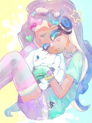 Rule 34 | 1boy, 1girl, :3, alternate costume, animal, bandaid, bandaid on face, bandaid on nose, bare arms, blue eyes, blue hair, brown hair, cephalopod eyes, chain, chain necklace, chin rest, cinnamoroll, closed mouth, commentary request, crossover, dark-skinned female, dark skin, dog, fingerless gloves, food-themed hair ornament, gloves, green gloves, green shirt, hair ornament, head on head, head rest, headphones, heart, heart hair ornament, hug, jewelry, knees up, lips, long hair, looking at viewer, marina (splatoon), mole, mole under mouth, multicolored hair, necklace, nintendo, octoling, one eye closed, pink pupils, purple shorts, sanrio, shirt, short sleeves, shorts, sitting, sizu, splatoon (series), splatoon 2, star (symbol), star hair ornament, strawberry hair ornament, striped clothes, striped thighhighs, suction cups, t-shirt, tentacle hair, thighhighs, wink